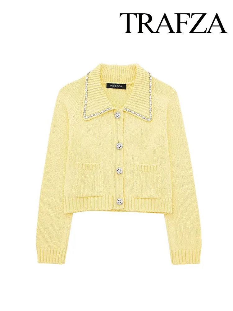 TRAFZA Women Knitted Tops Yellow Turn-Down Collar Long Sleeves Rhinestones Single Breasted Female Summer Casual Cardigan TRAF