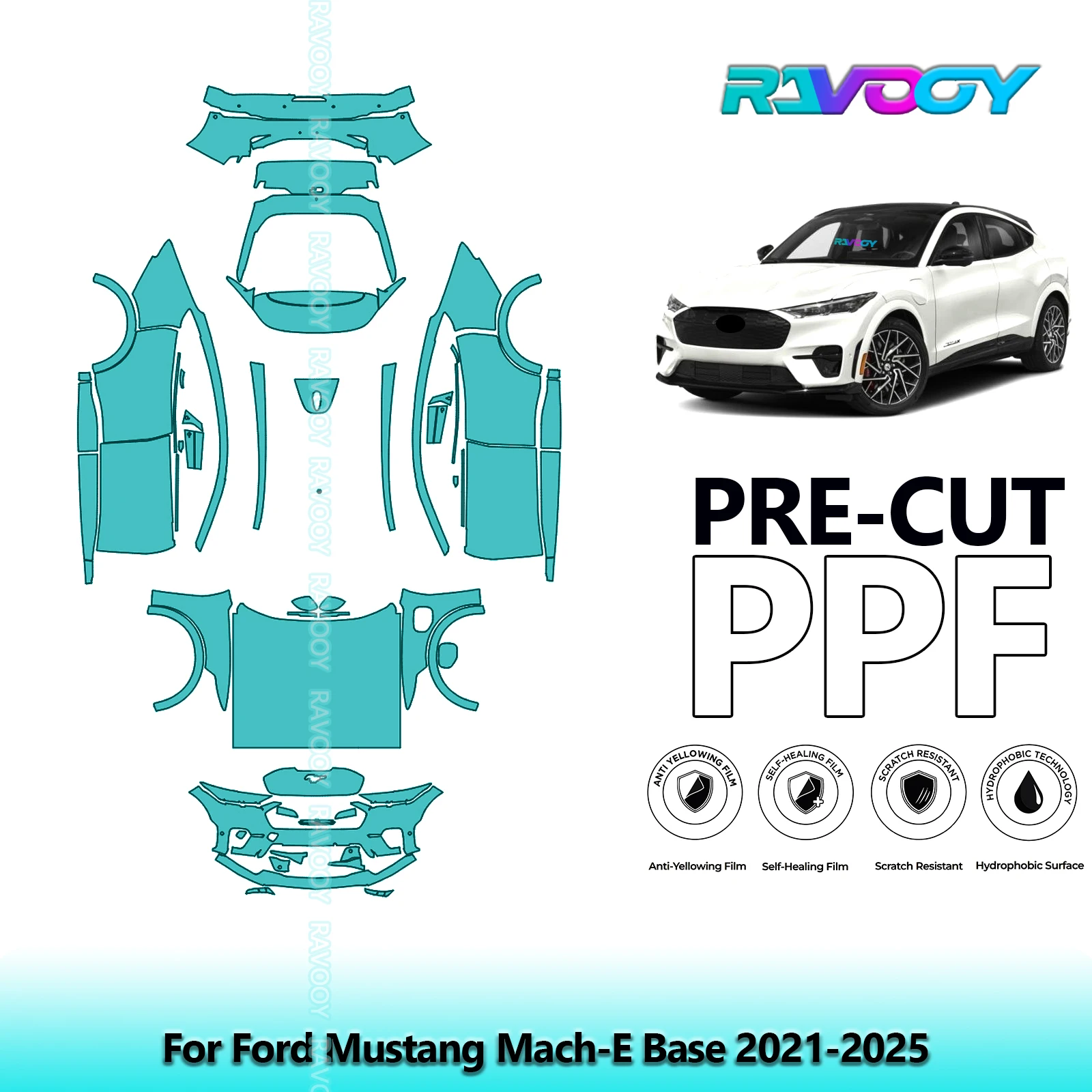 RAVOOY 8.5Mil Custom-Fit Precut TPU PPF Full Vehicle Clear Bra Stone Guard EU UK For Ford Mustang Mach-E Base 2021-2026