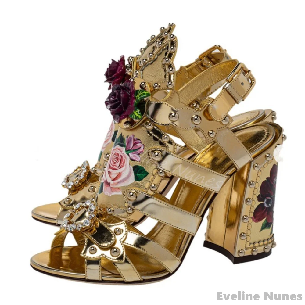 

Flower Prints Gold Hollow Sandals Women Rhinestones Peep Toe Chunky Heel Rivet Ankle Strap Luxury Sandals 2025 New Sexy Sandals