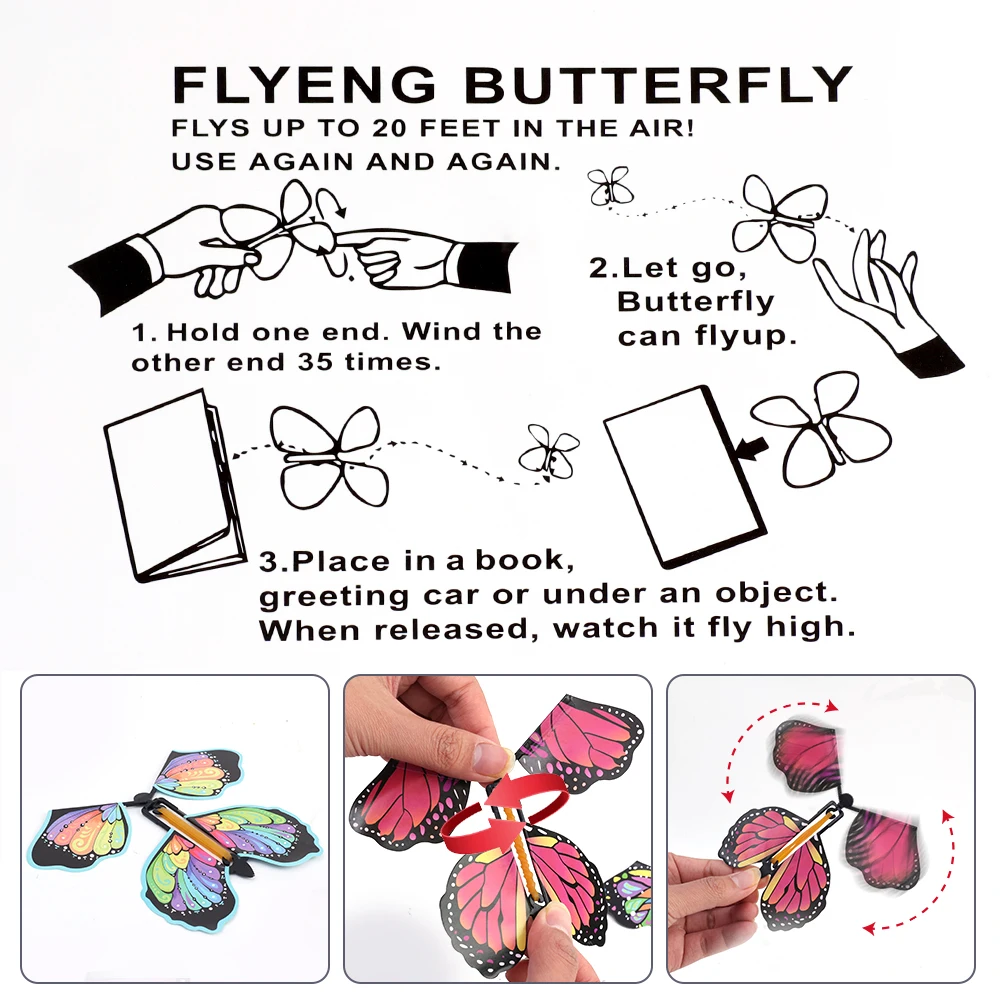 Magic Flying Butterflies Wind Up Toy In The Sky Bookmark Greeting Cards Rubber Band Powered  Kids Props Surpris Butterfly Gift