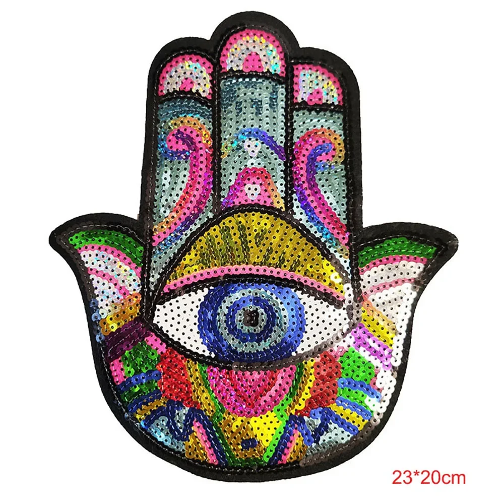 Hand Blue Eyes Sequin Patches Iron on Clothes Hamse Palm Fatima Witchcraft Embroidery Applique Fabric Badge DIY Apparel Decor