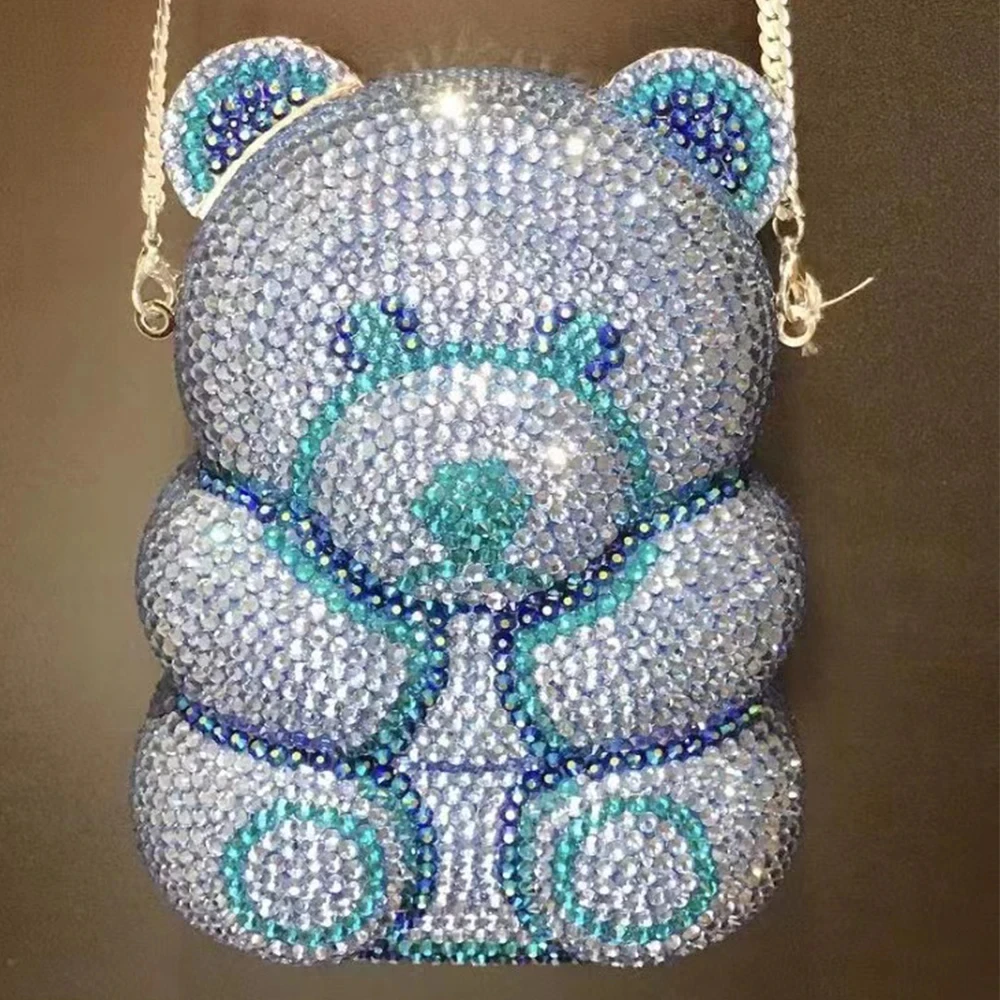 Bear Shape Blue Rhinestone Evening Clutch Bag Novelty Women's Crystal Diamond Wedding Handbags Party Prom Clutches Minaudiere