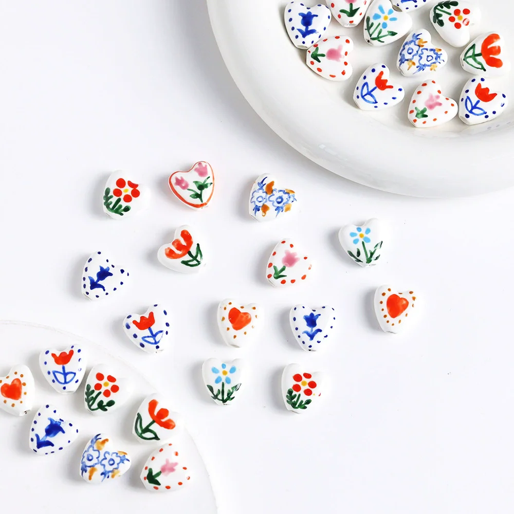 5pcs 15mm Heart Shape Ceramic Beads Loose Hand-Painted Flower Porcelain Beads for Jewelry Making Diy Necklace Bracelets Supply