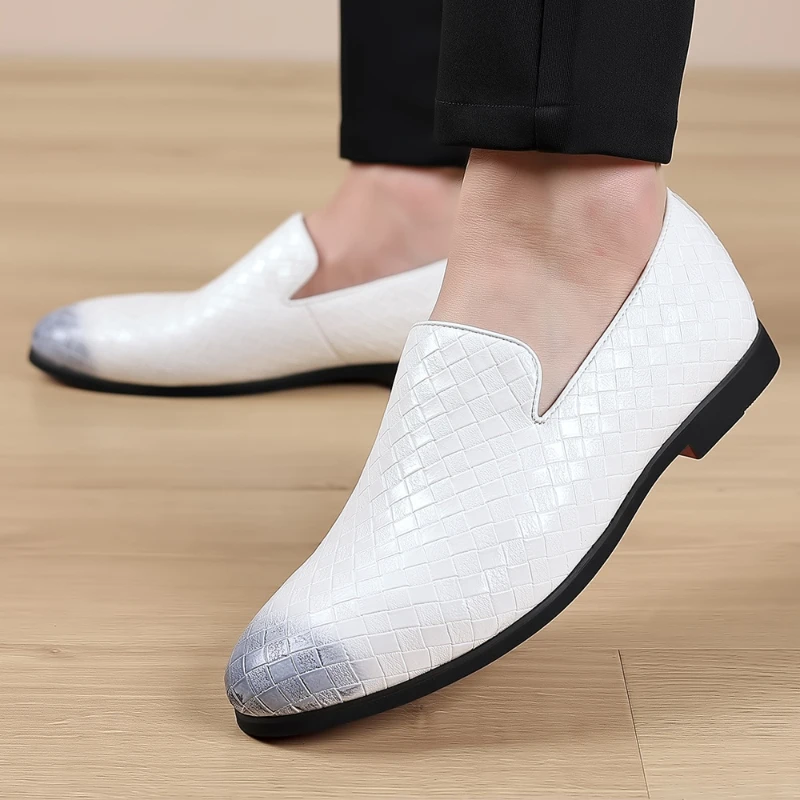 Mens White Woven Gradient Penny Loafers Slip On Formal Dress Shoes Comfortable Non Slip For Wedding Party And Daily Wear Leisure