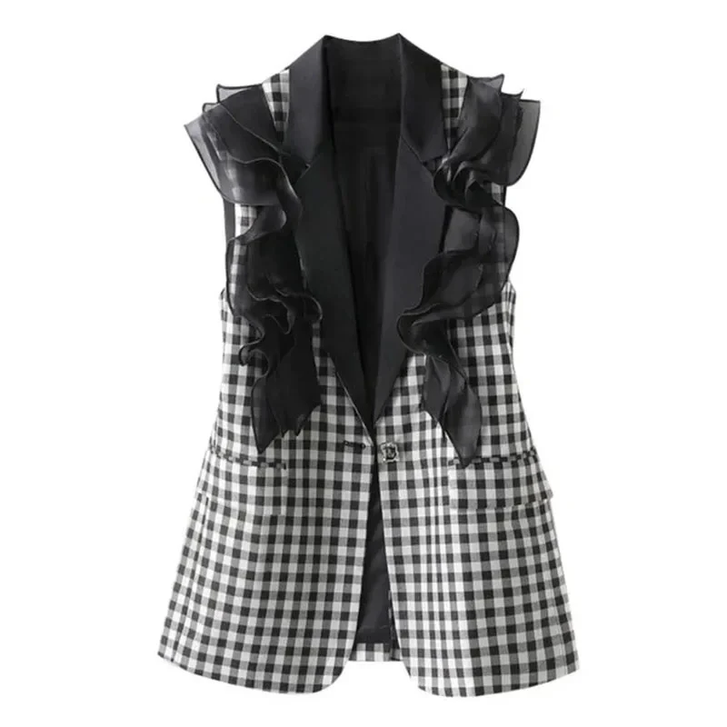 

2024 Spring Autumn New Plaid Blazer Women's Vests Casual Contrast Stitching Suit Vest Jacket Ladies Sleeveless Waistcoat Ladies