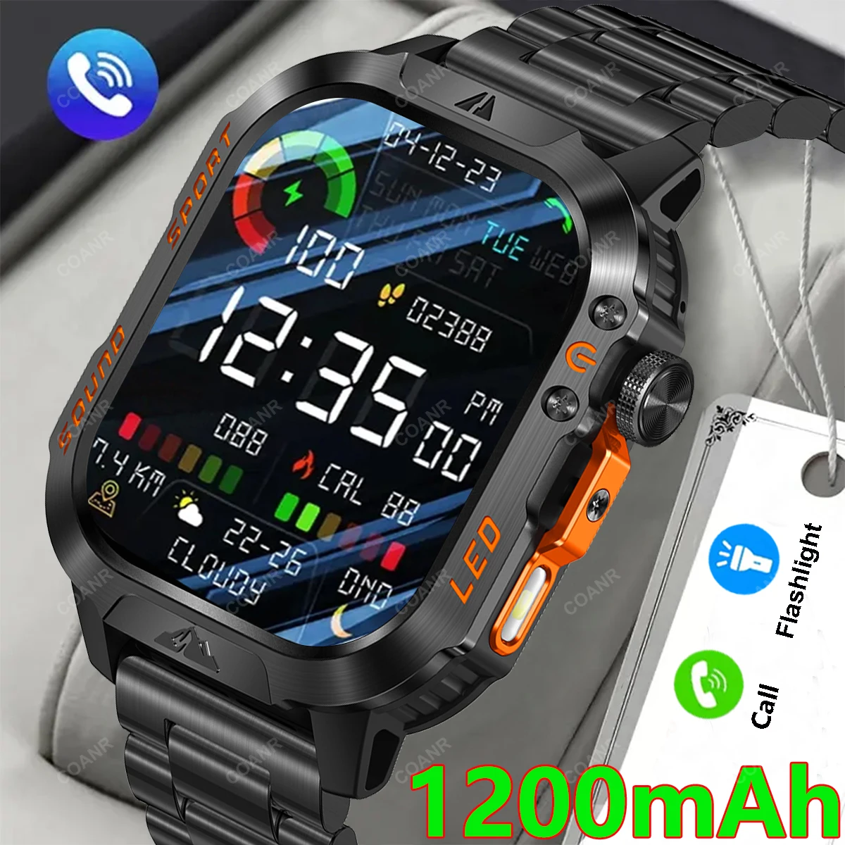 

New 1200mAh Battery Outdoor Sports Smart Watch 2.01" with LED Flashlight over 100 Sports Modes Wireless Calling SmartWatch