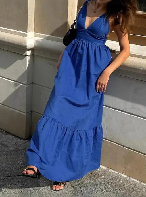 

New 2025 Spring/Summer Vacation Dress: Blue Cotton & Linen V-Neck Backless Suspender Long Style