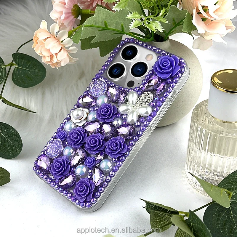 

Purple Flower Rhinestone Bling Case for Samsung Galaxy, Luxury Crystal Gem, S23, S24 Plus, S21 FE, S22 24Ultra, Note 20