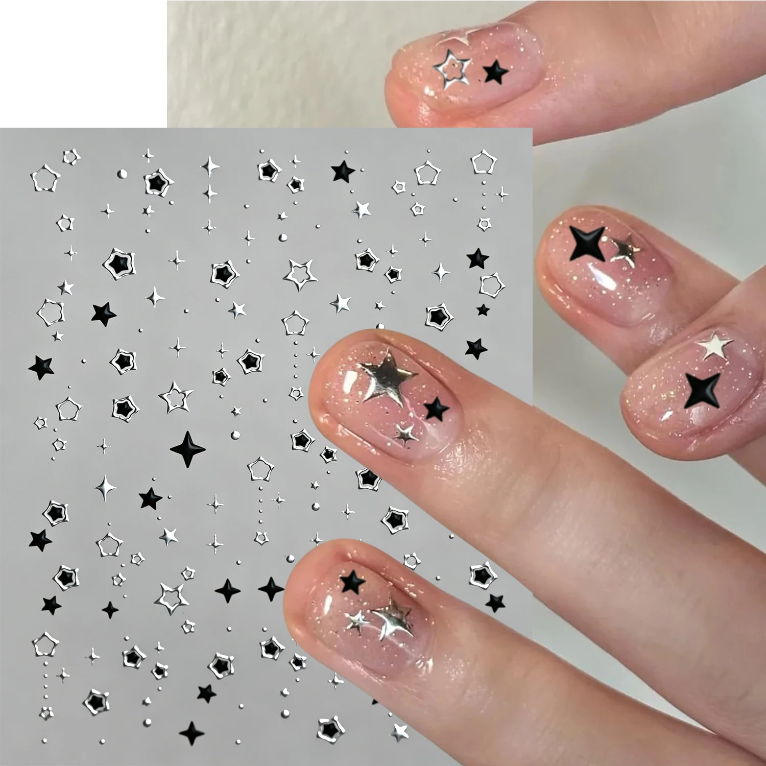 5D Metallic Silver Stars Nail Stickers Luxury Hollow Black Cool Five-Pointed Star Adhesive Nail Art Decals Manicure Decoration