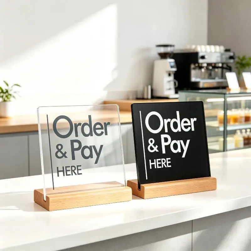 Hot Sale Acrylic Order And Pay Here Sign Stand for Diner Coffee Shop Cash Register Counter Table Decoration