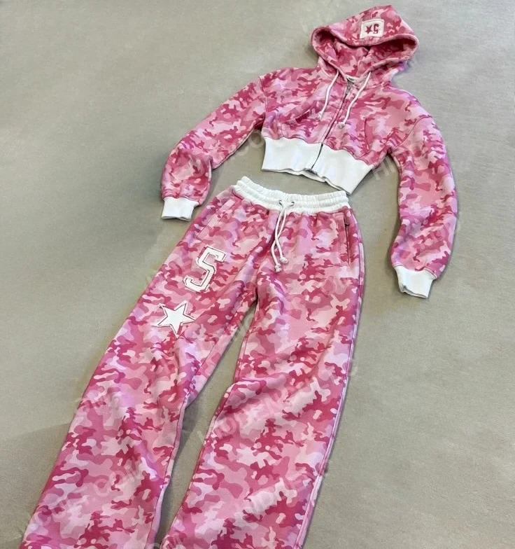 

Y2K Fashion Pink Letter Graphic Zipper Sportswear Clothes Women's Casual Short Top Set Sweatshirt Loose Sport Pants