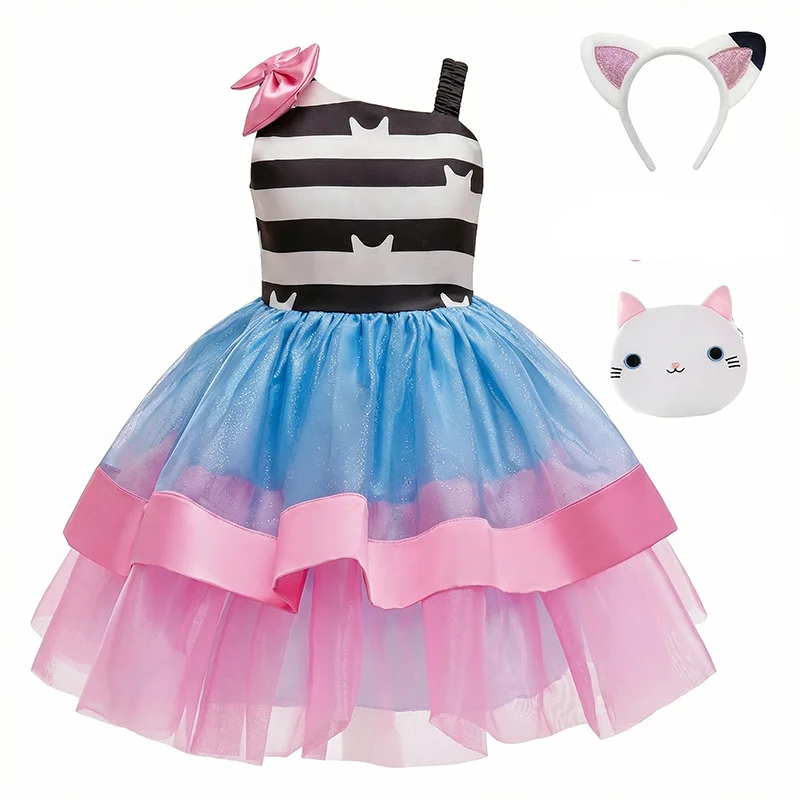 Cartoon Cats Costumes Headwear Baby Girls Kitty Birthday Dresses for Kids performance Halloween Outfit Children Clothes Sets