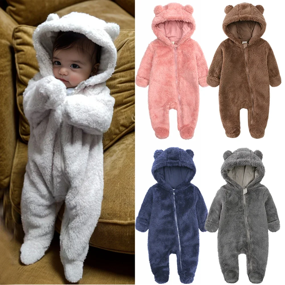 Newborn Baby Winter Fleece Romper Solid Hooded Thick Infant Outfits For 0-24M Korean Casual Jumpsuit Boy Girl Warm Clothes