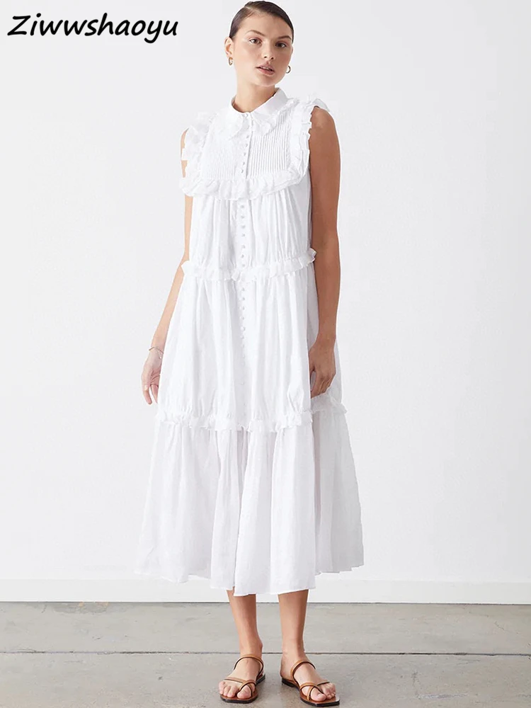 

High Quality Summer Women Fashion Runway Designer Sleeveless Shirring Ruffles Trim Draped Single Breasted Cotton Linen Dresses