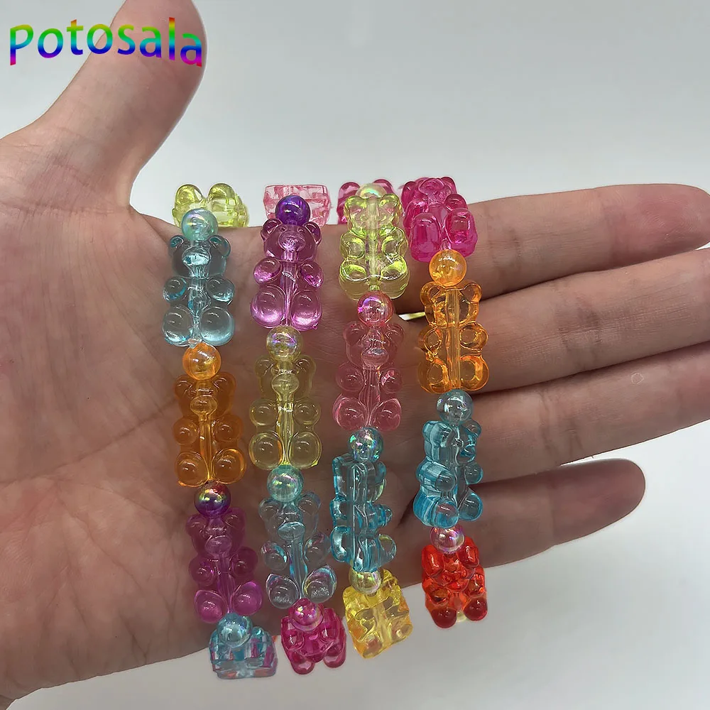 Potosala Cute Transparent Resin Bear Bracelet Cartoon Gummy Jelly Color For Women Handmade Beaded Bracelet Girls Jewelry Gifts