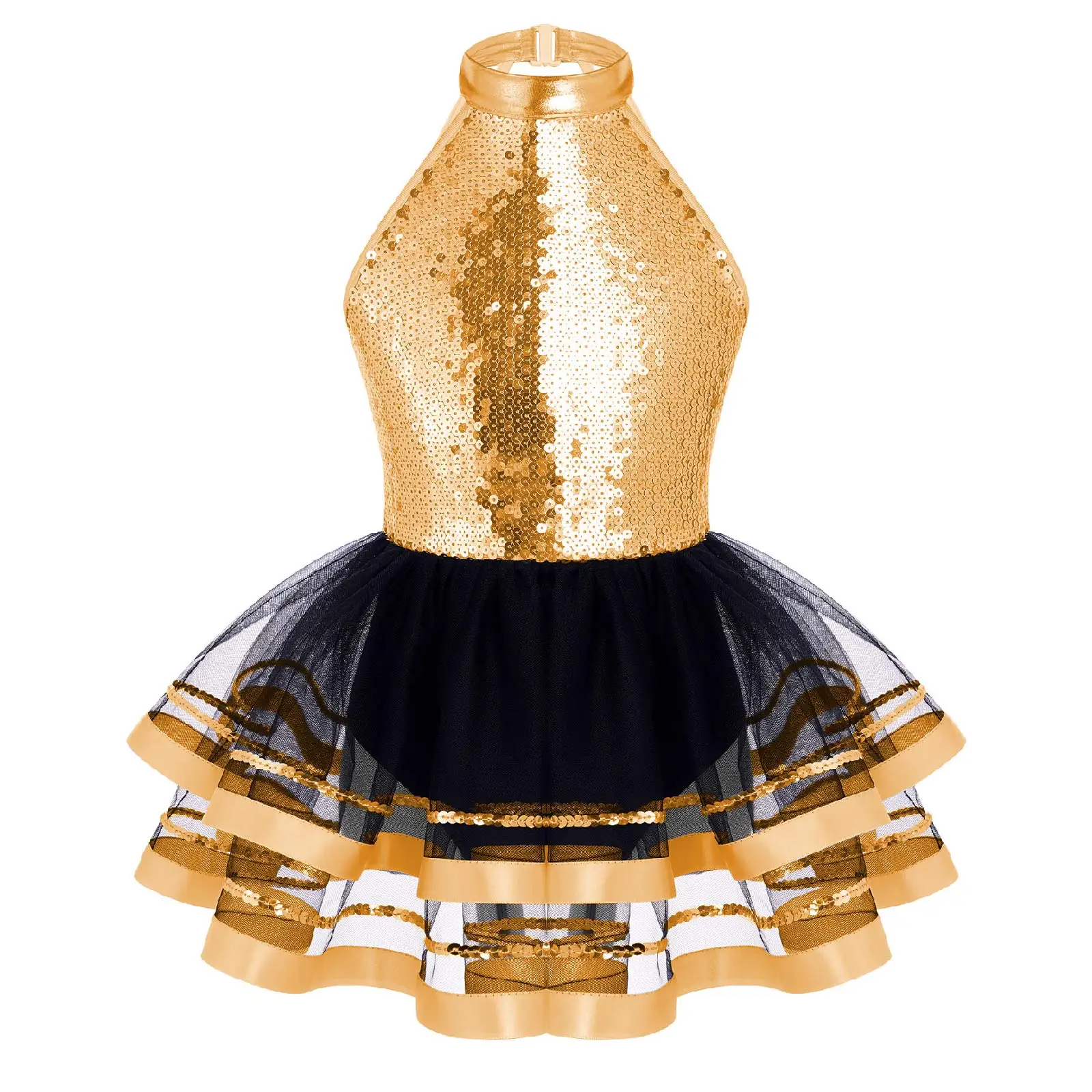 Kids Girls Ballet Leotard Glitter Sequins Halter Mesh Tutu Dress Figure Skating Gymnastics Latin Jazz Dance Performance Costume