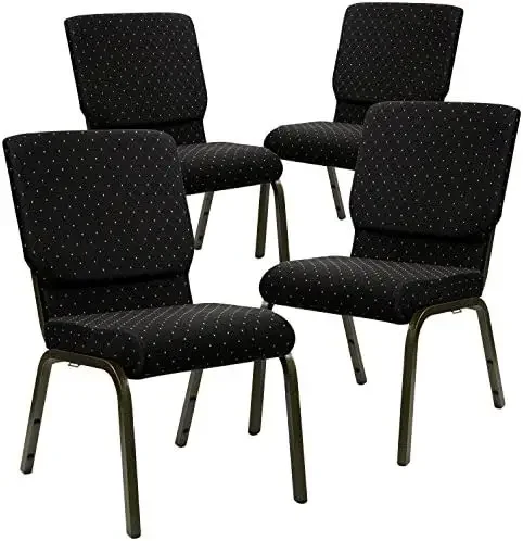4 Pack HERCULES Series 18.5''W Stacking Church Chair in Black Dot Patterned Fabric - Gold Vein Frame