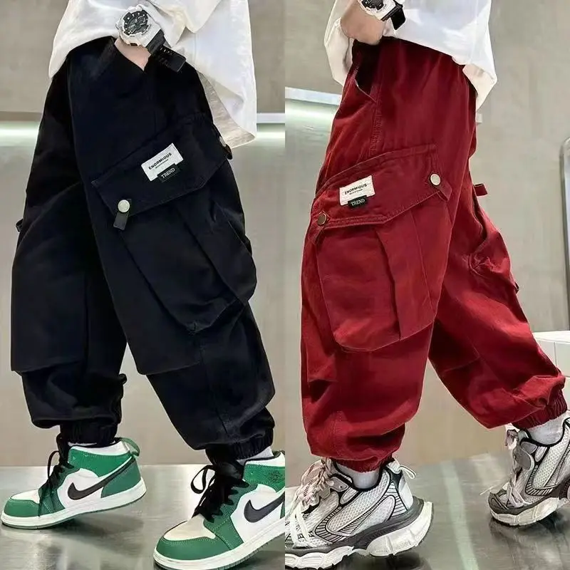 Spring and Autumn Children\'s Pants Boys\' Clothing Winter Plush Thickened Loose Fashion Pants 2023 Boys\' Handsome Red Casual Pant