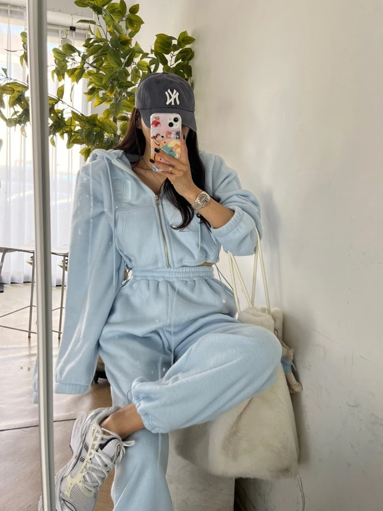 

Women's Hooded Sweatirt Set Letter Embroidery Thin Fce ort Jaet High Waist Sports Wide Leg Pants Trendy Casual Outfit