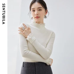 SENTUBILA Patchwork Lace Wool Pullover for Women 2024 Winter Loose Fit Mock Neck Long Sleeve Solid Simple Tops W43E56779