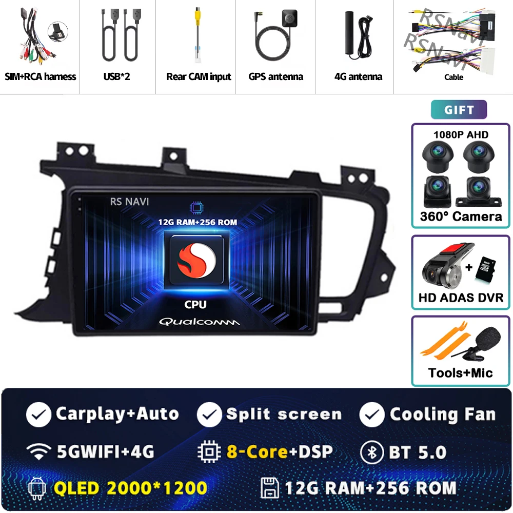 Plug en Play Android 15 Carplay Auto Qualcomm Scherm Autoradio Speler Voor KIA Kia K5 Optima 2011-2015 GPS Stereo Wifi + 4G DSP