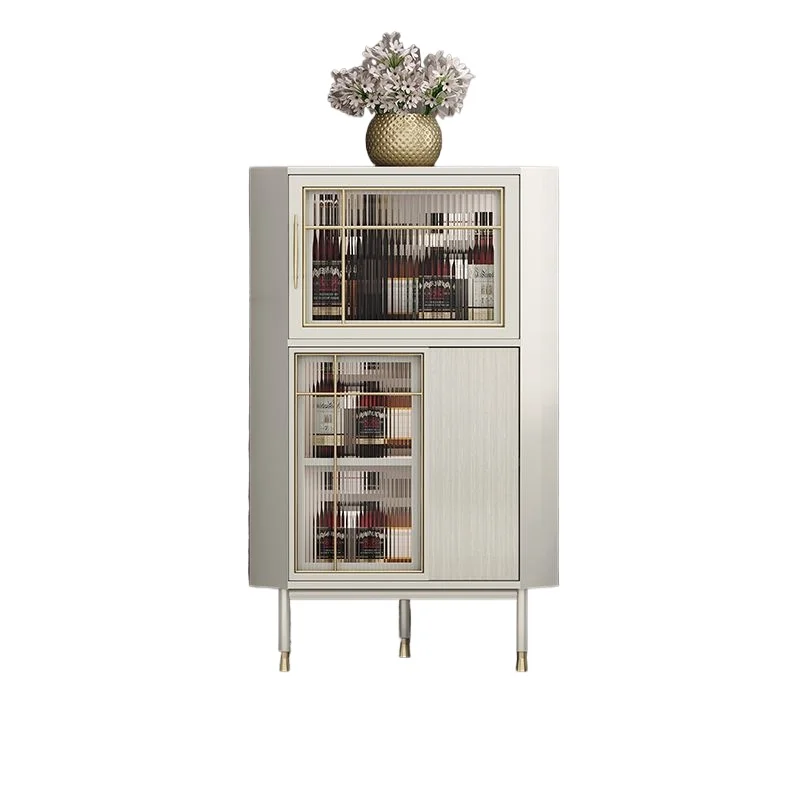 

Nordic light luxury corner triangular glass wine cabinet, modern simple living room solid wood storage corner cabinet