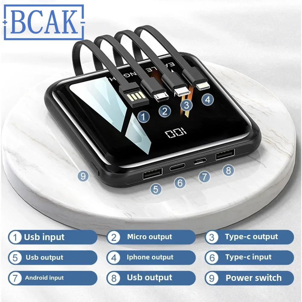 

New Style BCAK Mini Compact Portable Fast Charge Large Capacity Four-wire Power Bank 20000mAh Mirror Mobile Power Supply Gift