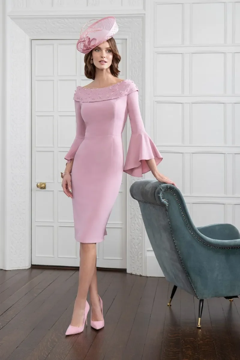 Hot Pink Poet Sleeve Mother Of the Bride Dresse Scoop Neck Beaded Party Gown Arabic Women Evening Wear Cheap Wedding Guest Dress