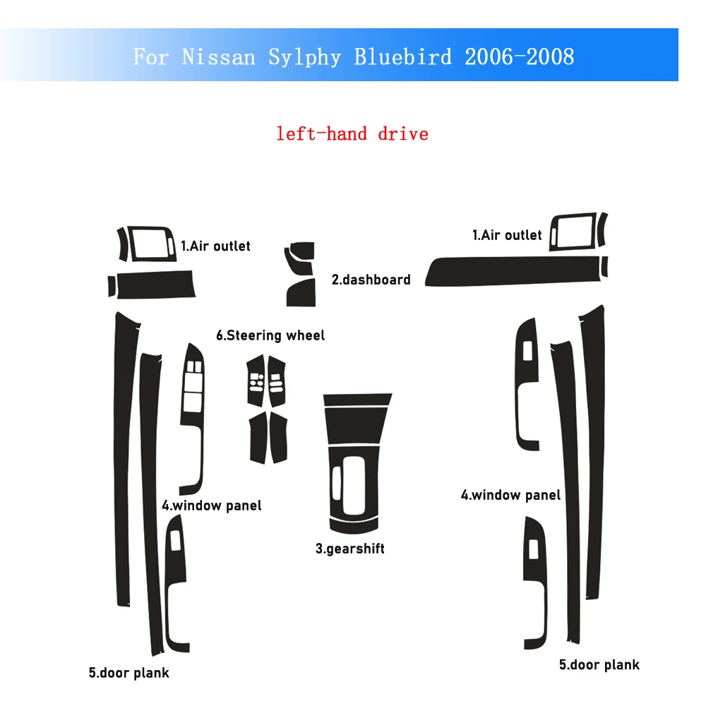 

Наклейка из карбонового волокна для Nissan Sylphy Bluebird 06-08: пленка для интерьера, центральной консоли, приборной панели, дверных ручек, панели управления климат-контролем