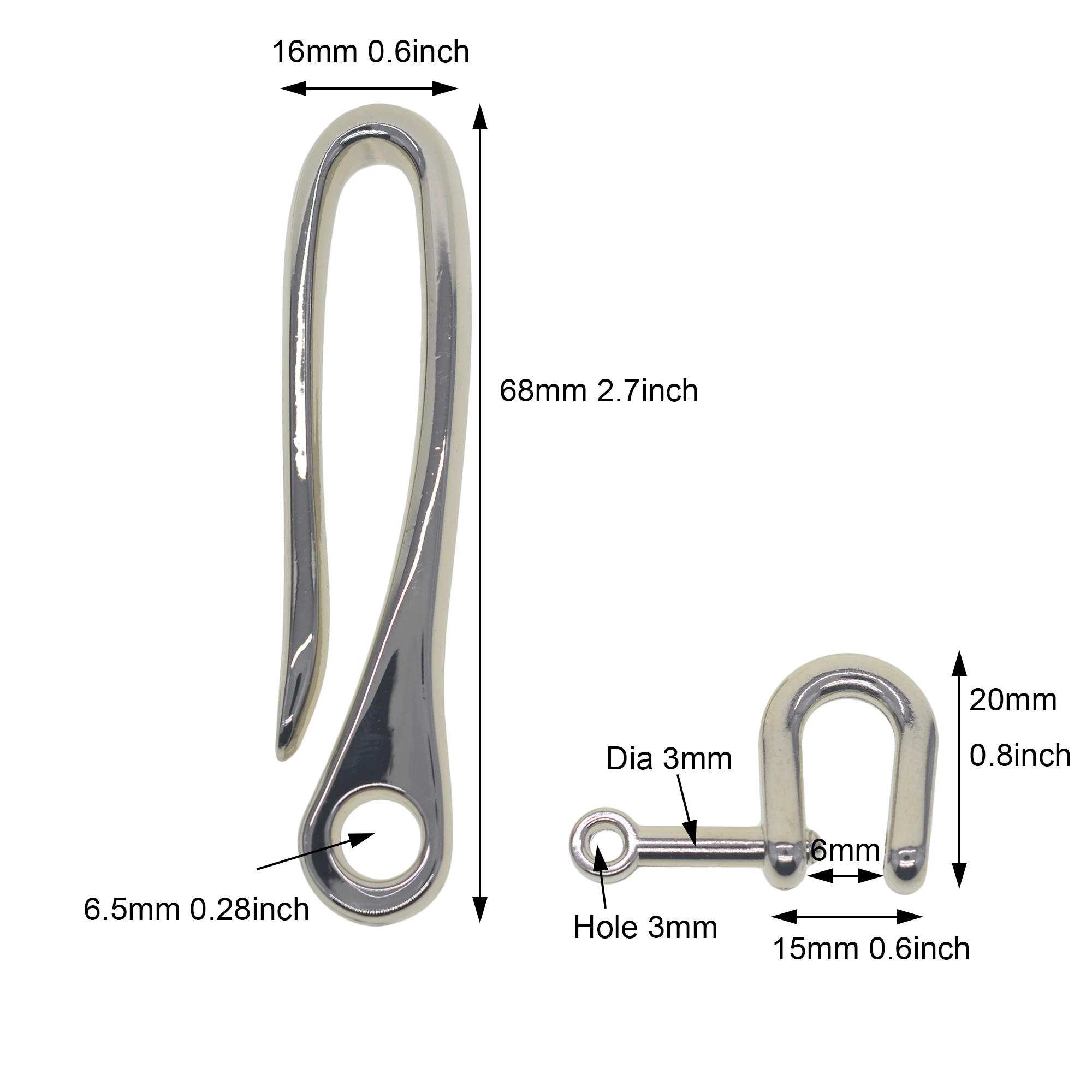 mirror silver plated Japanese U hook fishhook with screw shackle jean chains keychain EDC DIY