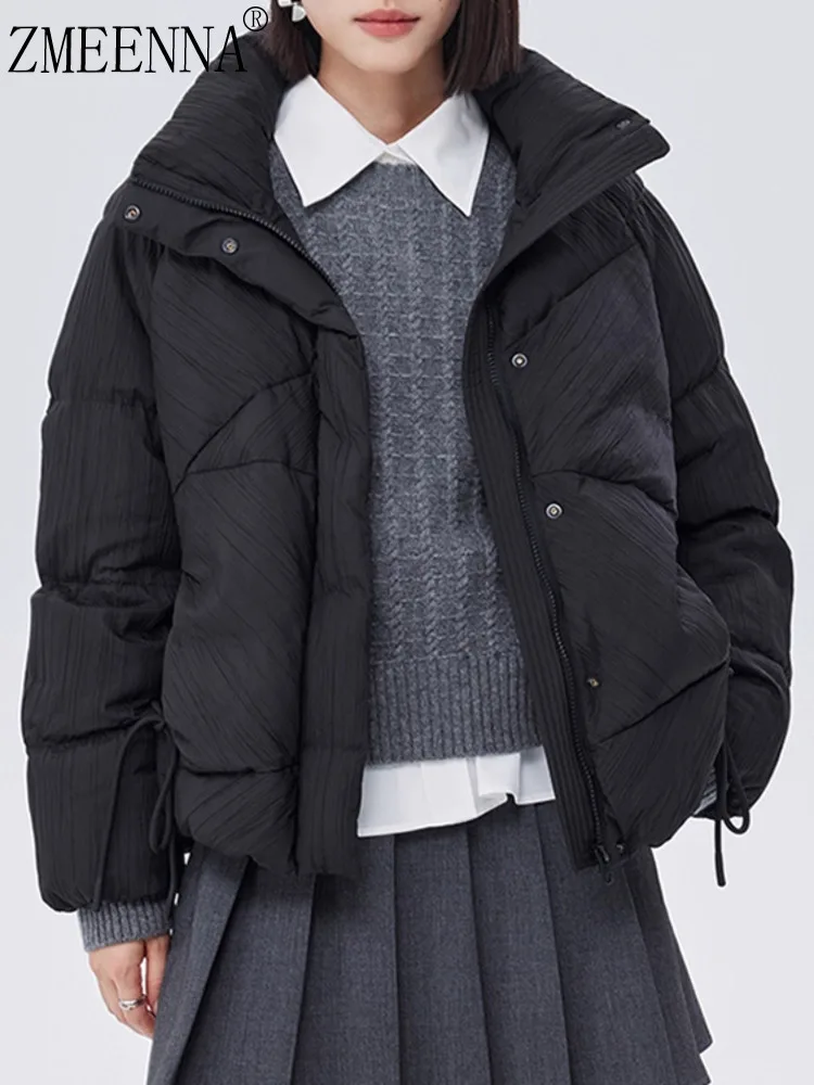 

ZMEENNA Womens Black Puffer Jacket Stand Collar Quilted Short Coat Full Zip Loose Fit Fashion Winter Warm Outerwear ZM4578