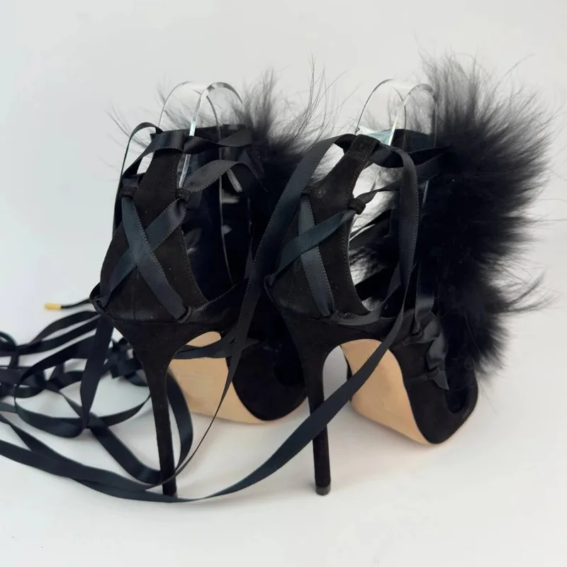 الفراء الدانتيل يصل اللمحة تو الجوف خارج Sandas مثير جولة تو كعب رقيقة قبول مخصص الوافدين الجدد أزياء النساء المدرج الأحذية