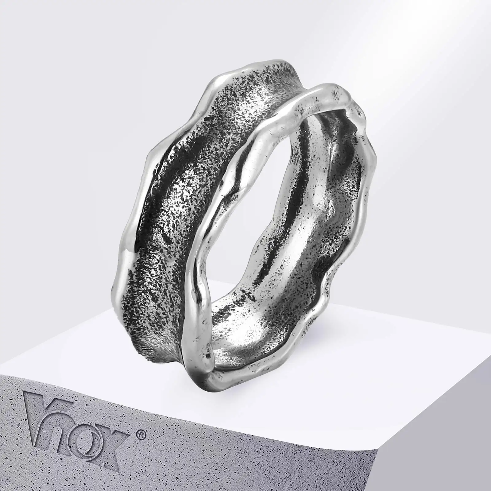 Vnox Hammered Wave Stainless Steel Men Ring, Vintage Distressed Wavy Band Comfort Fit Punk Daily Finger Statement Jewelry Gift
