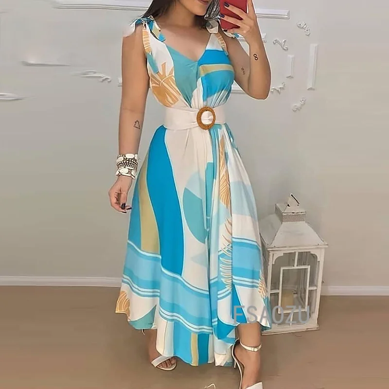 Female Elegant Fashion Casual Sleeveless Blue Print Long Dress with Belt 2024 Summer