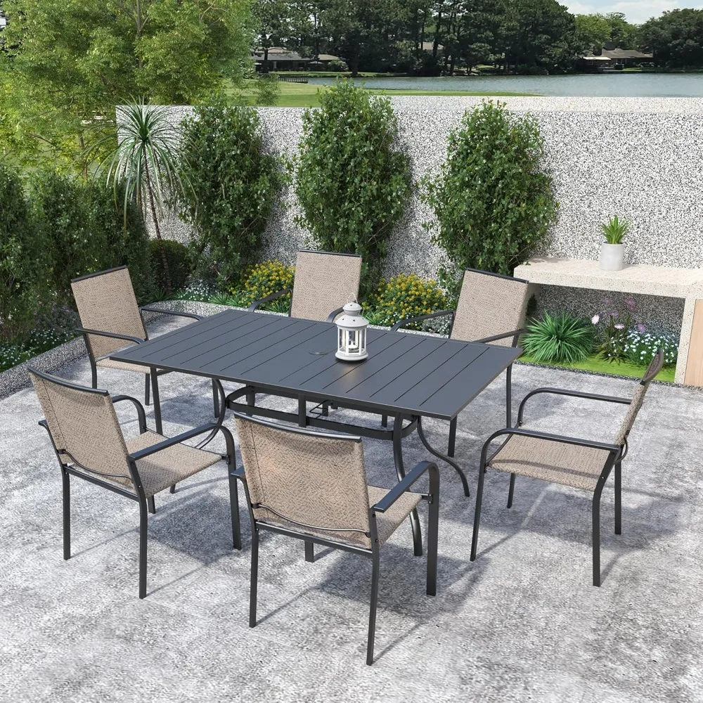 

7-Piece Outdoor Patio Dining Set, 6 Stackable Patio Chairs & Rectangular Dining Table with All Weather Frame Furniture Set - Bei