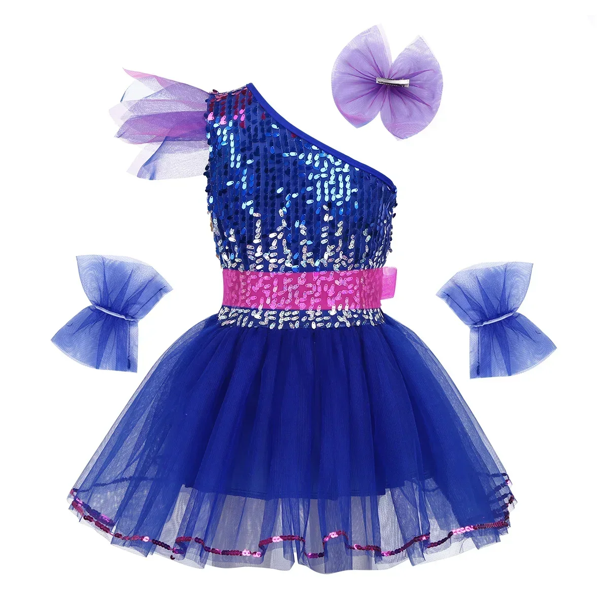 Pailletten Hip Hop Tanz Outfits Kinder Mädchen One-Shoulder Ballett Tutu Mesh Kleid Modern Latin Jazz Zeitgenössischer Tanz Kostüm Set