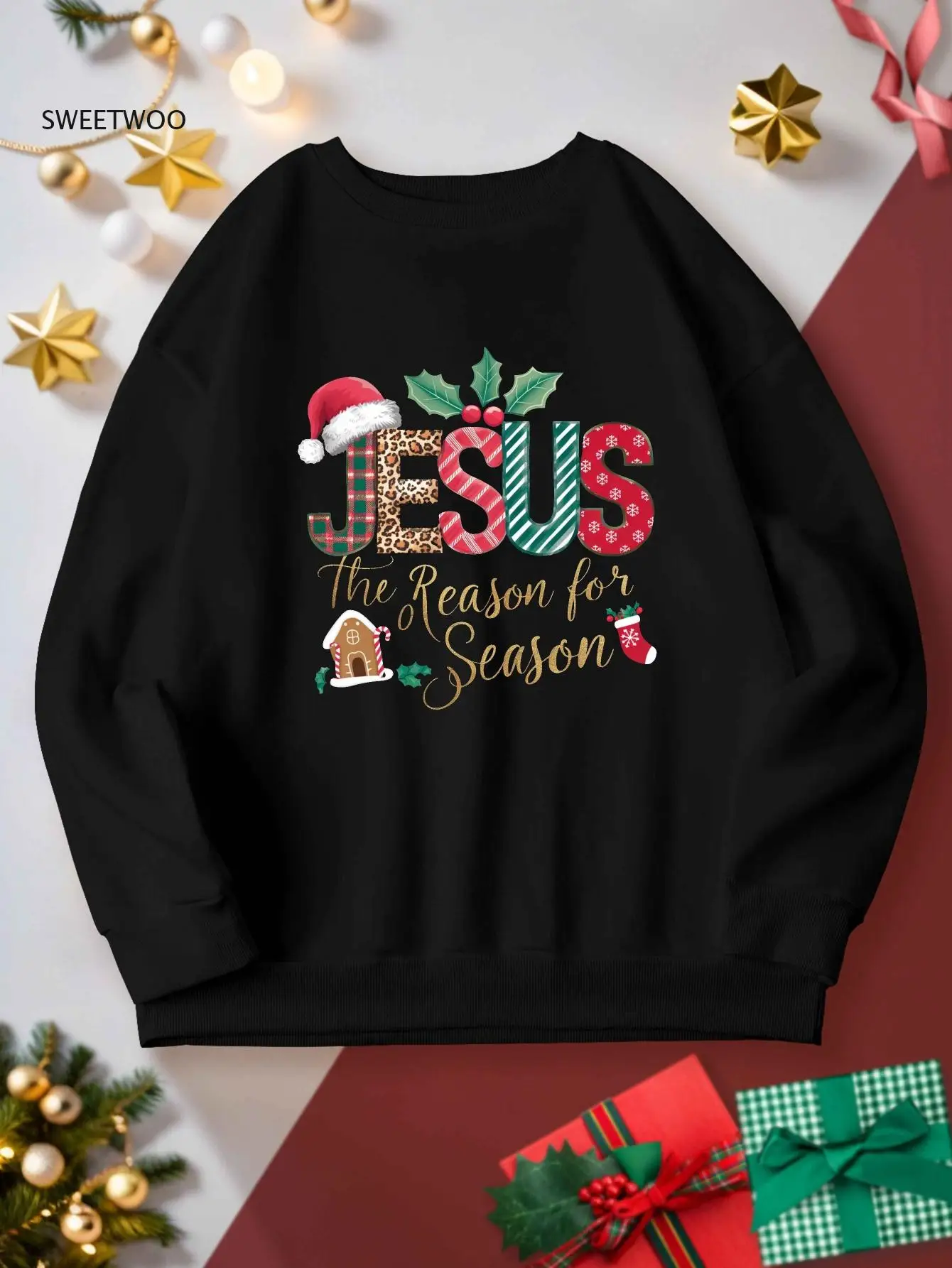 

'jesus Is The Reason for The Season' Women's Plus Size Casual Sweatshirt-festive Holiday Design with Santa Hat,candy Canes