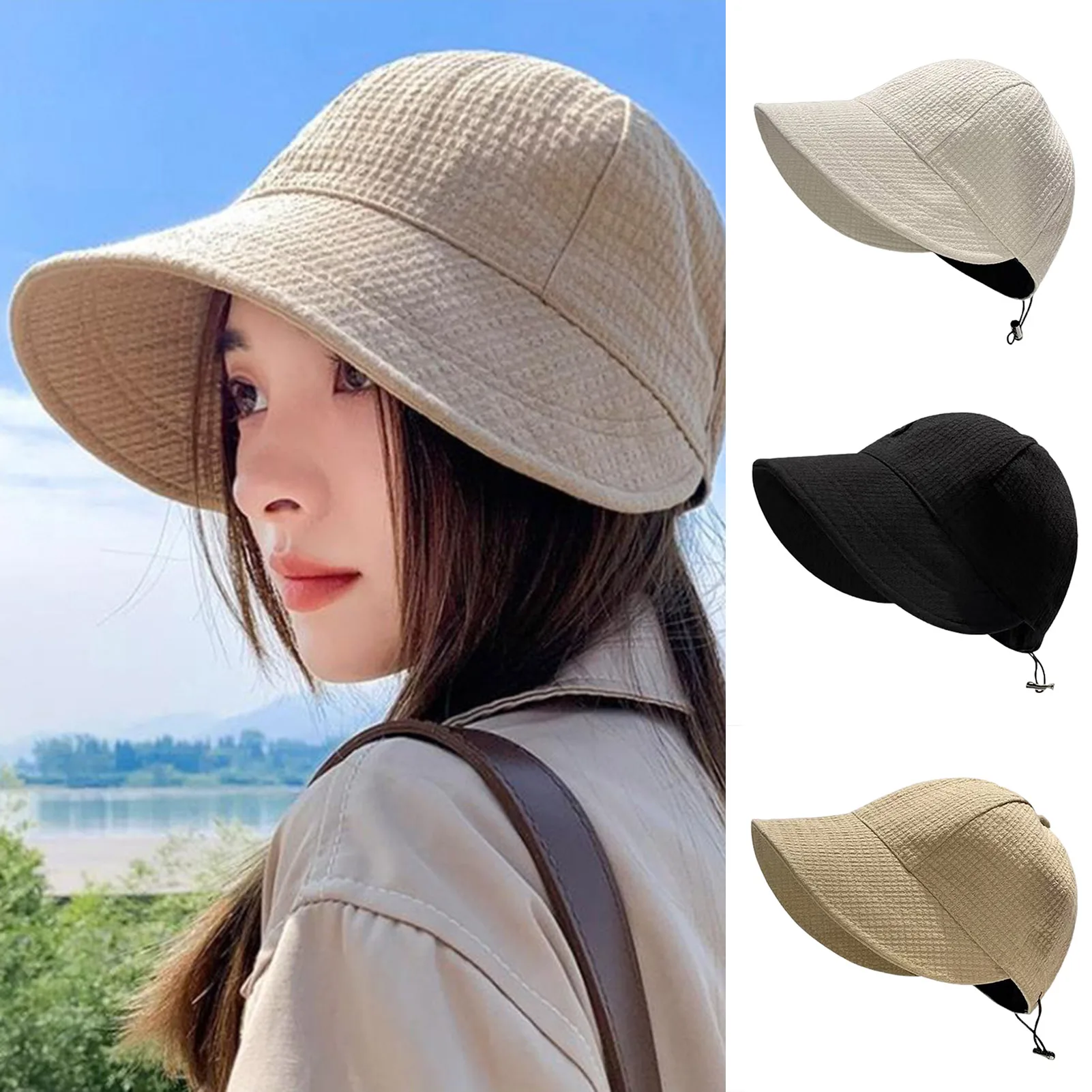 Faltbarer Sonnenhut für den Sommer, Outdoor, Strand, Fischerhut, Sonnenschutz-Schutzkappe, verstellbare Baumwolle, breite Krempe, Eimerkappen für Damen