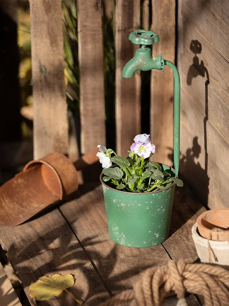 

Metal Ironwork Faucet Flowerpot Retro Vintage Green Originality Balcony Garden Decorate Outdoors Courtyard Plant Flower Bucket