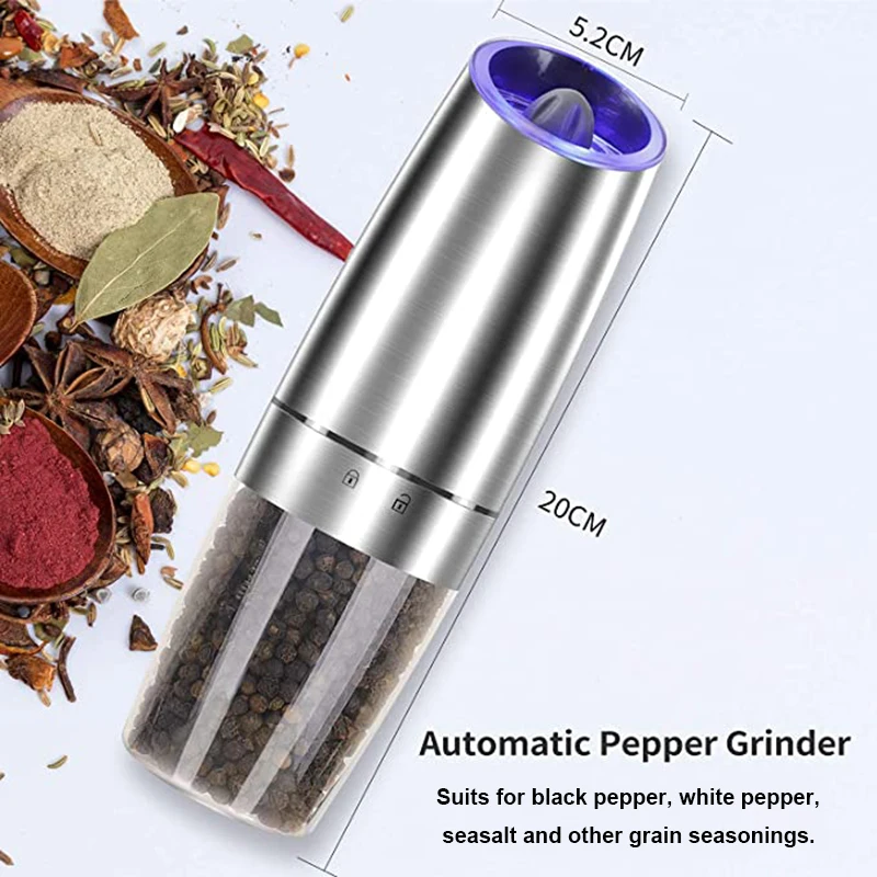 Electric Automatic Gravity Pepper Salt Grinder with LED Light, Seasoning Spice Mills with Porcelain Grinding Core, Kitchen Tools