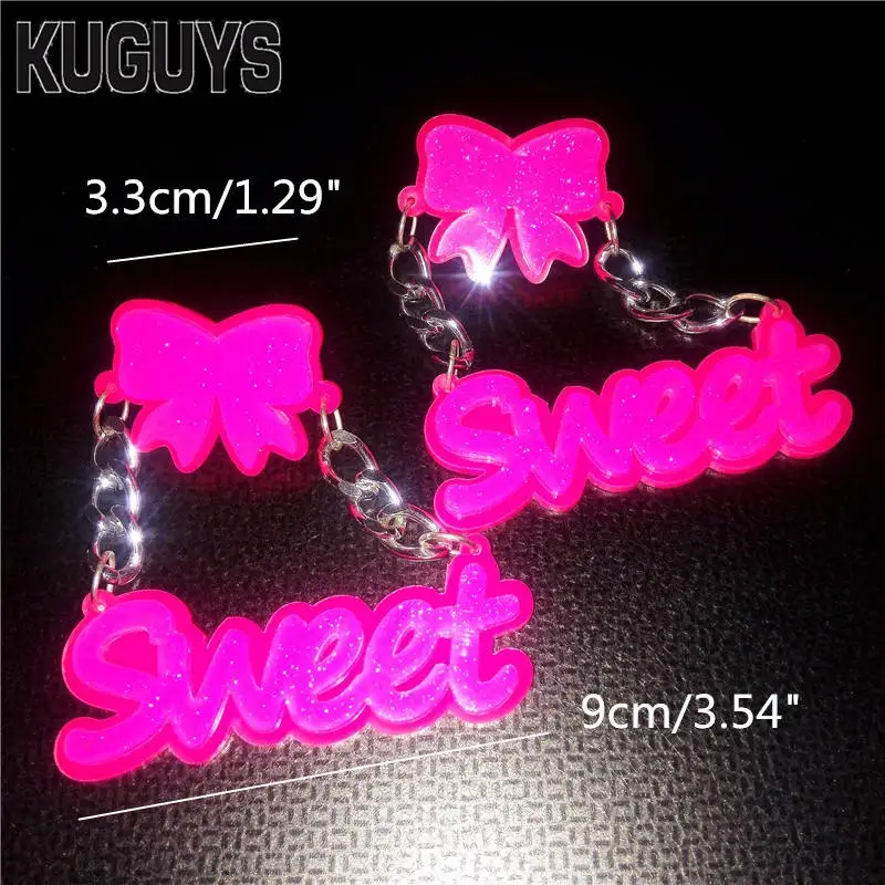 KUGUYS Glitter Pink Sweet Drop Dangle Earrings for Women Bowknot Accessories Acrylic Jewelry