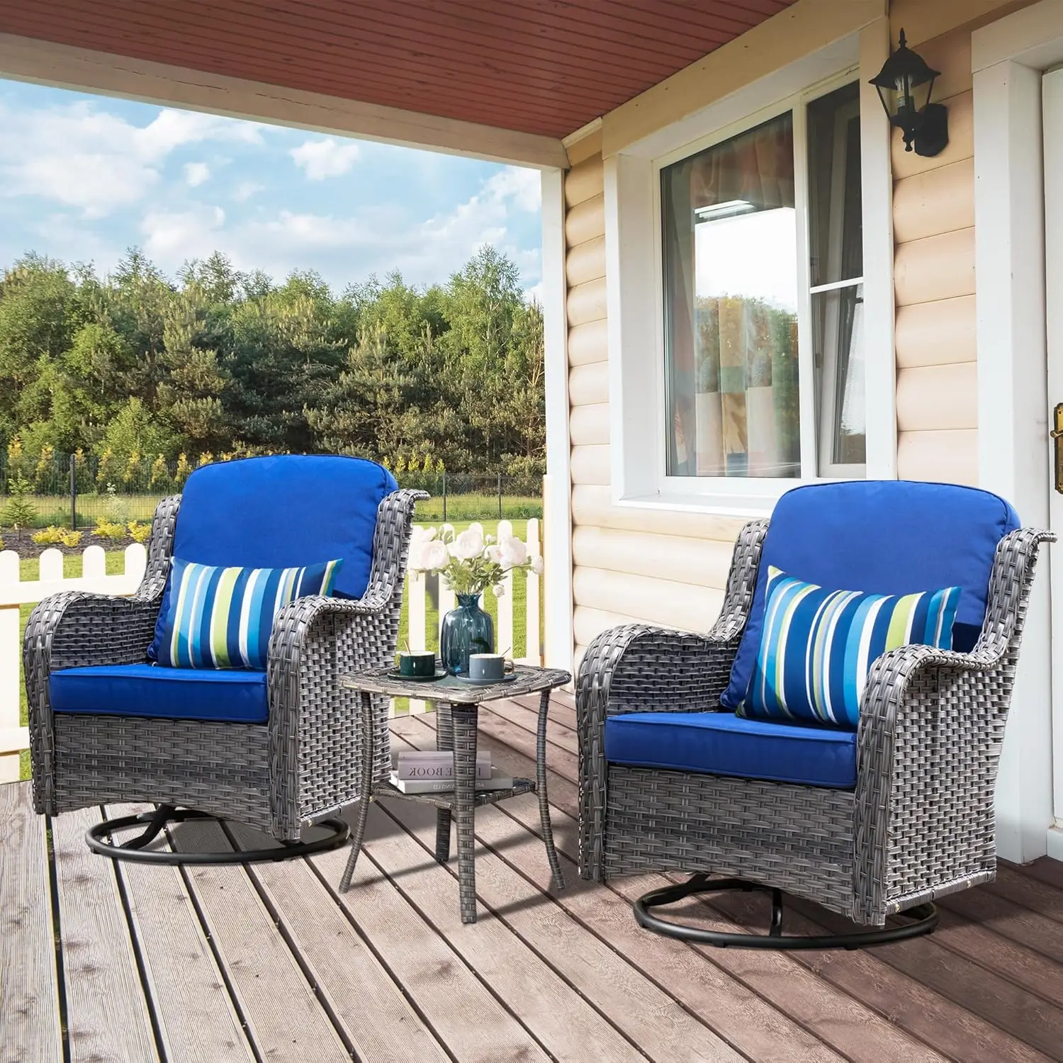 

Роскошный набор мебели для патио, уличные поворотные стулья-качалки для патио с толстыми подушками и приставной столиком, 3 шт., поворотные стулья с высокой спинкой для улицы