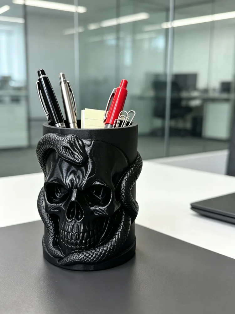 Skull Snake Entwined Pen Holder, Gothic Style Black Snake Sculpture Pen Cup, Petg Matte Black Sturdy and Durable Large-Capacity Pen Holder, Retro Gothic Punk Dark Aesthetic Desktop Organizer, Can Hold Fountain Pens, Pencils, Makeup Brushes, Office and Study Desk Decoration, Halloween Decoration, Unique Gift for Gothic Enthusiasts, Alternative Home Desktop Decoration, Office Supplies.