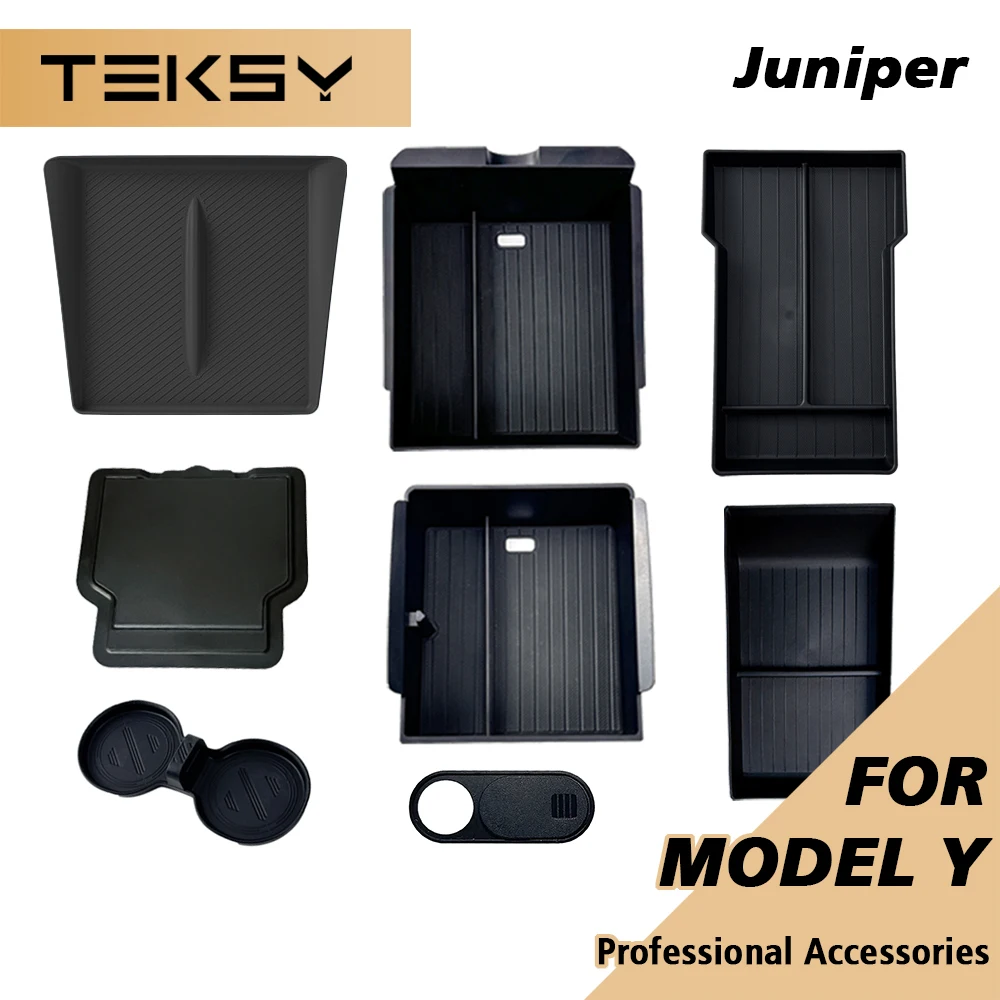 TEKSY Para Tesla Novo Modelo Y 2025 Lançamento Juniper Teslajuniper ABS com Tapete Antiderrapante de Silicone para Console e Caixa de Armazenamento Superior do Apoio de Braço