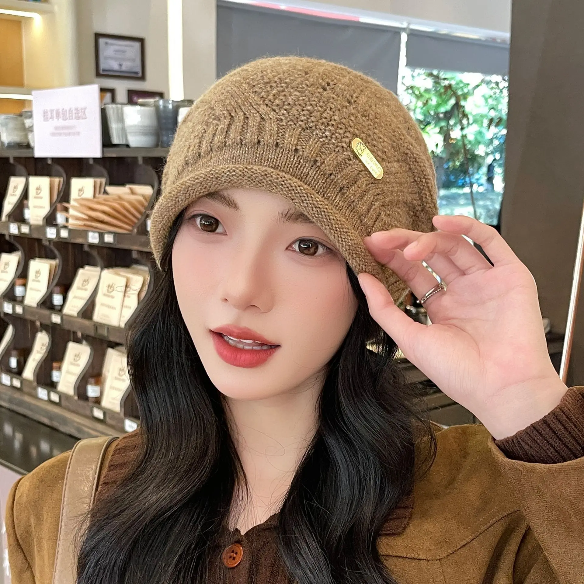 2025 New Women's Big Head Enclose Apparent Face Small Stacked Hat Autumn And Winter Warm Set Head Cap Knitted Hats