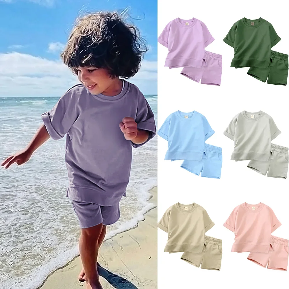 Hot Sale Summer 2024 Tracksuit Kids Clothes Sets For Girls Short Sleeve Cotton Top T-shirt+Shorts Boys Loungewear Outfits Suit