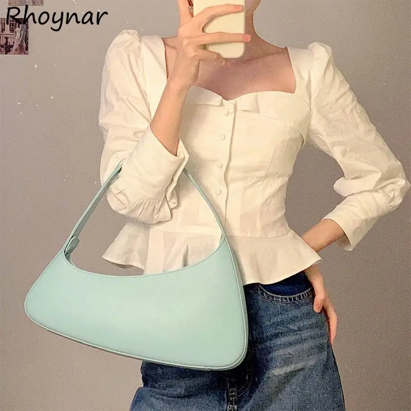 Chic Square Collar Shirts Women Fashion Solid Simple Slim Young Sweet Popular All-match Low Cut Sexy Tops Ladies Elegant Ins New