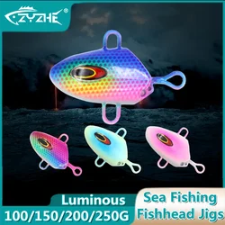 ZYZHE Luminous Sea Fishing Jig Lure Bionic Artificial Fish Head 100/150/200/250G Rapid Sinking Ocean Boat Fishing Hard Bait