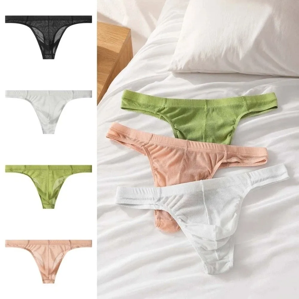 Breathable Low Waist Men Mesh Thongs Underpants Transparent Men's Panties Lingerie Underwear Male Briefs Sports