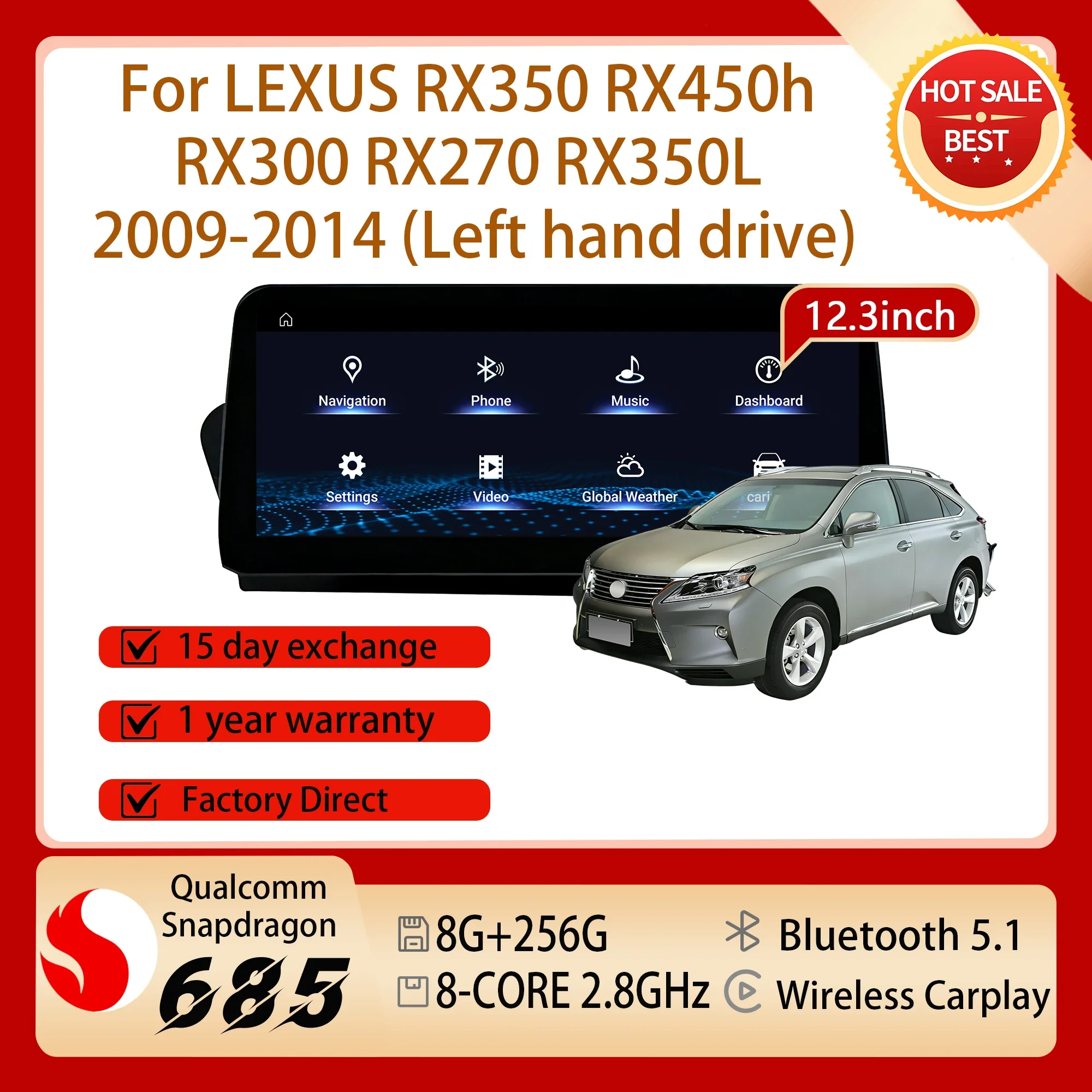 12.3'' Car Radio Touch Screen Snapdragon 685 For LEXUS RX350 RX450h RX300 RX270 RX350L 2009-2014 Carplay Android 14 GPS Navi BT